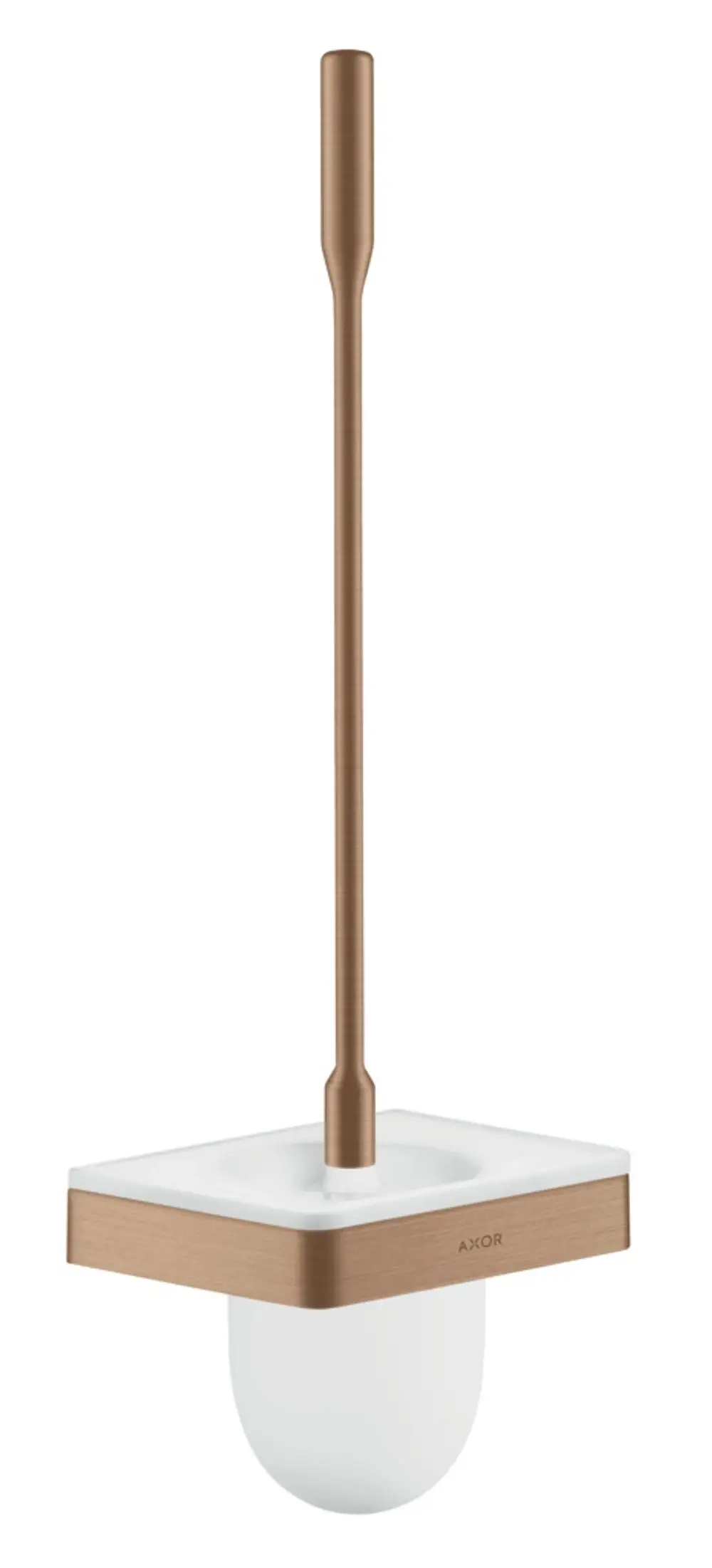 Toilettenbürstenhalter in quadratischer Form mit Wandmontage, aus weißen und roségoldenen Materialien, von der Marke AXOR. Der Halter hat eine praktische und schlichte Gestaltung.